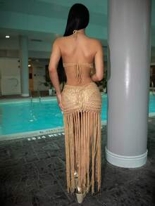 Carolina Barros Summer Beach Cut Out Fringe Hem Crochet Halter Neck Backless Cover Up Dress