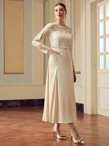 ZEYLAH Women Floral Lace Patchwork Round Neck Raglan Sleeve Long Sleeve Midi Dress, Elegant Fall Cloth For Women - Apricot - View 4