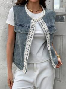 Livesso Top de tirantes sin mangas de mezclilla azul lavada con cuello redondo, ropa de otoño para mujer