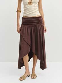Nöista Women's Solid Color Waist Ruched Asymmetrical Hem Casual Skirt