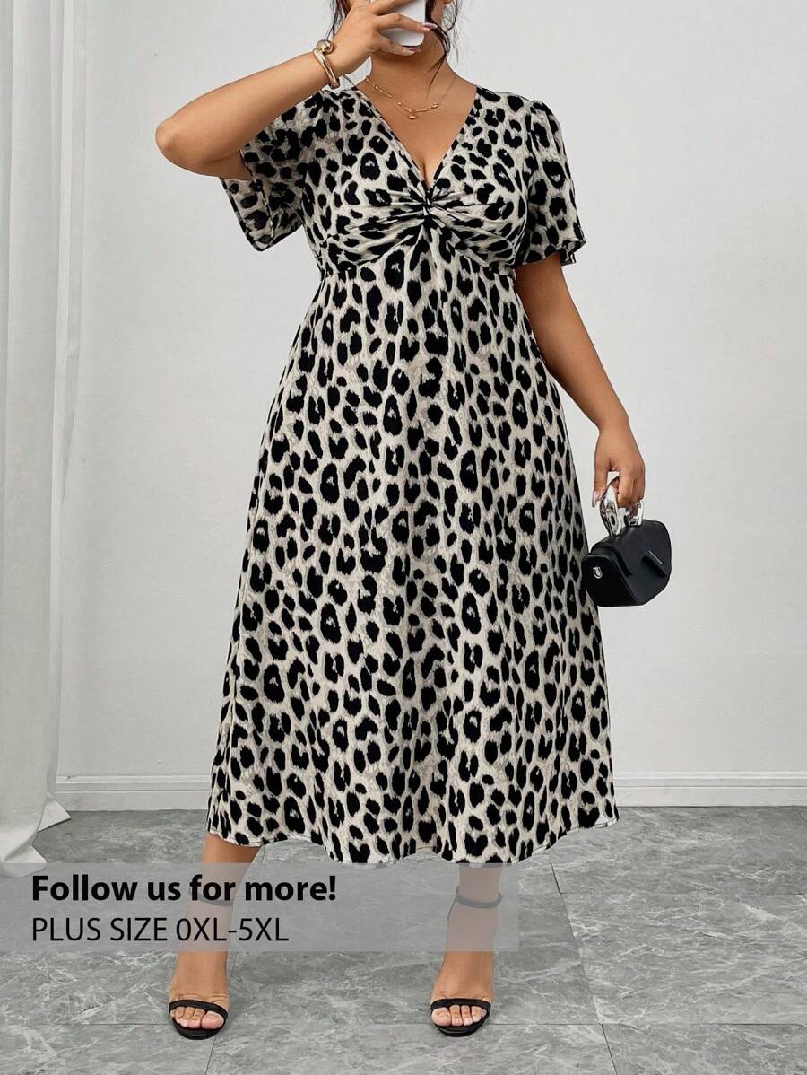 Firerie Plus Size Fall Vintage Leopard Print Short Sleeve Kink Cinched Waist Dress - Grey - View 1
