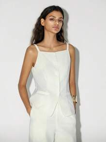 Lumivelle 女士亚麻吊带背心，方领，正面纽扣，弧形下摆，夏季 - 白色 - 查看 1