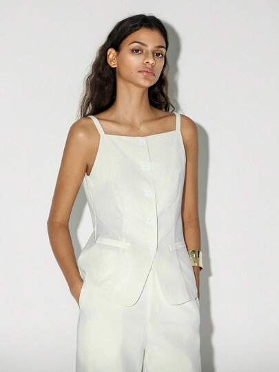 Lumivelle 女士亚麻吊带背心，方领，正面纽扣，弧形下摆，夏季