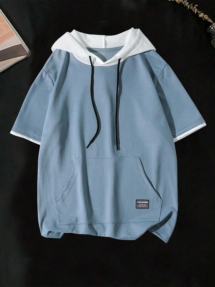 Manfinity EZcore Men Plus Size Letter Patched Kangaroo Pocket Casual Color Block Short Sleeve Drawstring Hooded Tee, For Going Out