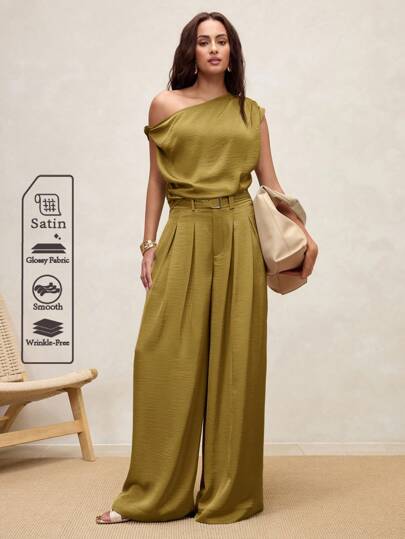 Arave Blusa de satén asimétrica sin mangas para mujer, elegante y adecuada para el trabajo y las vacaciones, con diseño de nudo francés tejido, elegante y modesta, para otoño