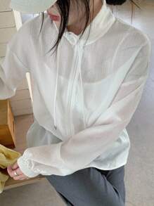 Livesso Women High Neck Loose Casual Ruffle Tie Decor Regular Jacket Women Coats - White - View 7