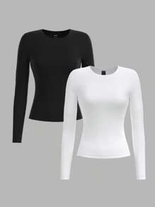SHEIN PETITE 2pcs Women Casual Tight Fitting Round Neck Long Sleeve Long Tee Set, Black & White, Suitable For Autumn/Winter - Black and White - View 1