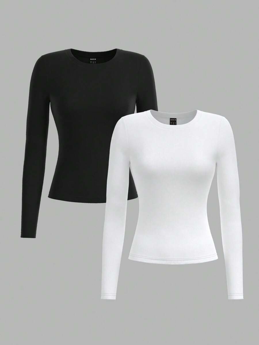 SHEIN PETITE 2pcs Women Casual Tight Fitting Round Neck Long Sleeve Long Tee Set, Black & White, Suitable For Autumn/Winter - Black and White - View 1