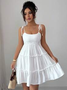 Elenzga Swiss Dot Frill Trim Cami Dress Vacation Beach Outfits Women