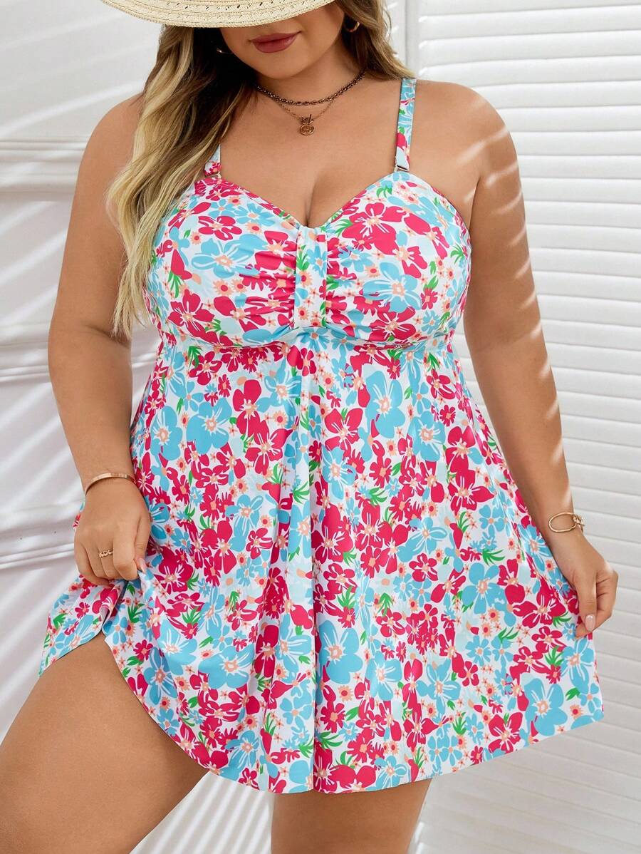 SHEIN CURVE+ 大码女式数码印花分体吊带可拆卸肩带修身抹胸式比基尼泳装套装 - 彩色 - 查看 1