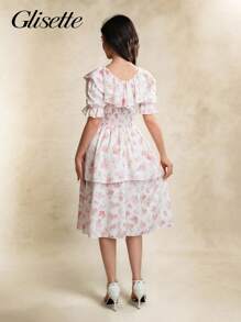 少女优雅花卉印花荷叶边下摆连衣裙，夏季 - 白色 - 查看 8