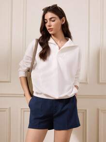 Briarwyn Women's Solid Color Waist Belt With Fold Pleated Casual Summer Shorts Old Money Style Women Back To School Clothes High Waisted Shorts - Navy Blue - View 3