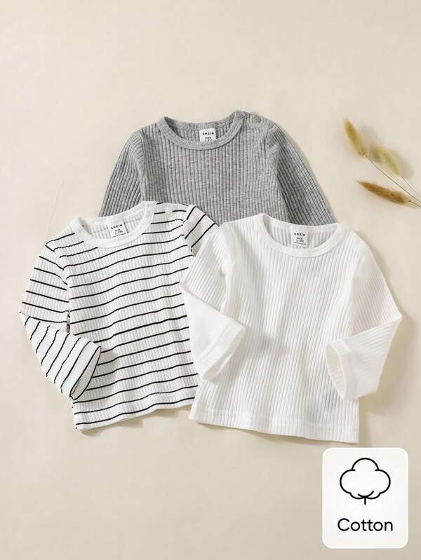 SHEIN Einfache, modische, lässige Neugeborenen Baby Jungen Mädchen Frühling Herbst Rundhals Langarm Süßer gestreifter weiß grau T-Shirt Top, bequeme hochwertige Baby Mädchen Kleidung
