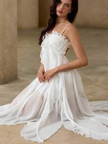 Chiquease Solid Color Chiffon Flowy Spaghetti Strap Waist Ruffled Layered Maxi Long Sleeveless Dress For Women - White - View 6