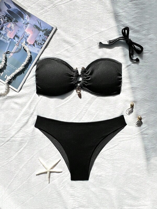 SHEIN Swim Set bikini sexy pentru femei, cu halter, cu bretele detașabile și decor metalic, în culori simple, pentru vacanță la plajă