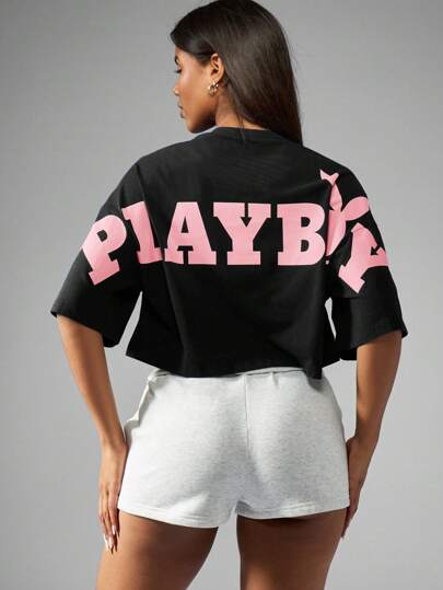 Missguided x Playboy MISSGUIDED Camiseta oversize corta con logo de conejo, estilo streetwear de festival, casual de verano, de manga corta, recortada, gráfica retro urbana