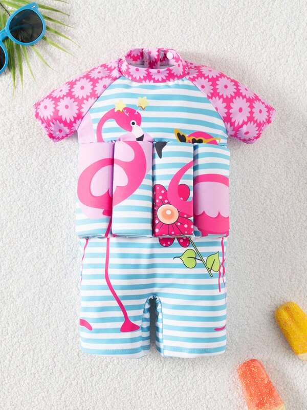Baby Girl Striped & Floral Print Short Sleeve Romper Swimsuit (Printed Placement)