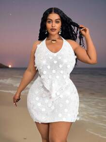 Slaydiva Conjunto de chaleco de punto con bloqueo de color de diseño minimalista de patrón de línea para mujer, otoño e invierno, suéter sin mangas holgado y conjunto de pantalones cortos ajustados. Vestido blanco de talla grande, vestido de ganchillo de talla grande, vestido de fiesta de talla grande, vestido de ganchillo blanco de talla grande, vestido blanco de talla grande - Beis - Ver 5
