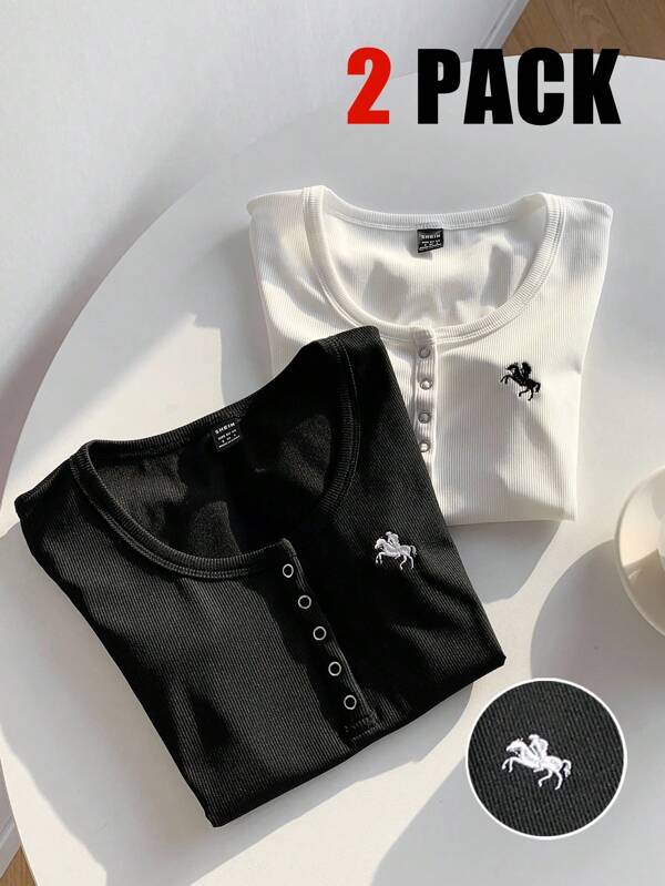 Comfortcana 2pcs/Pack Women Plus Size Summer Casual Embroidered Detail Black & White T-Shirt,Comfortable,Going Out Outfits,Back To School Ribbed Tops,Teacher Outfits