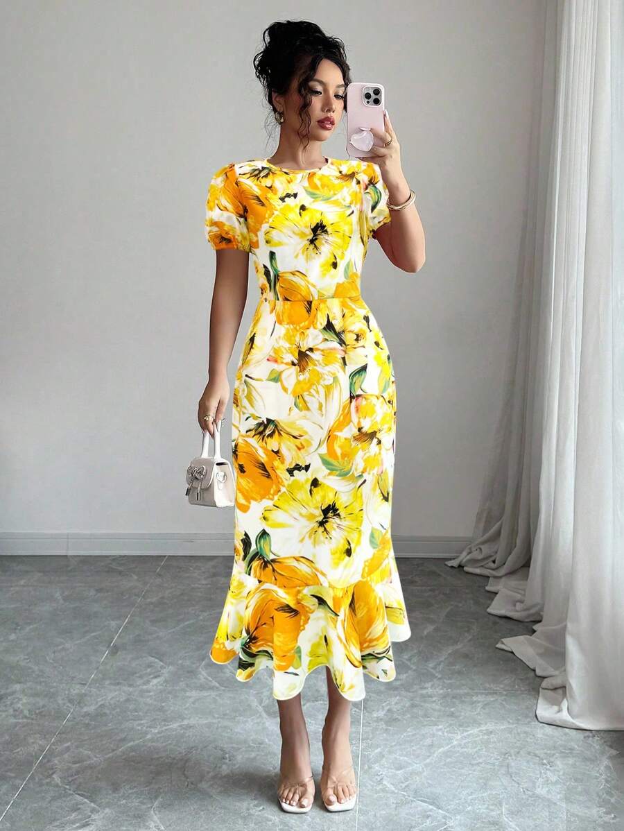 Elenzga 女式夏季新款活力花卉印花收腰连衣裙（花卉图案不对称剪裁）