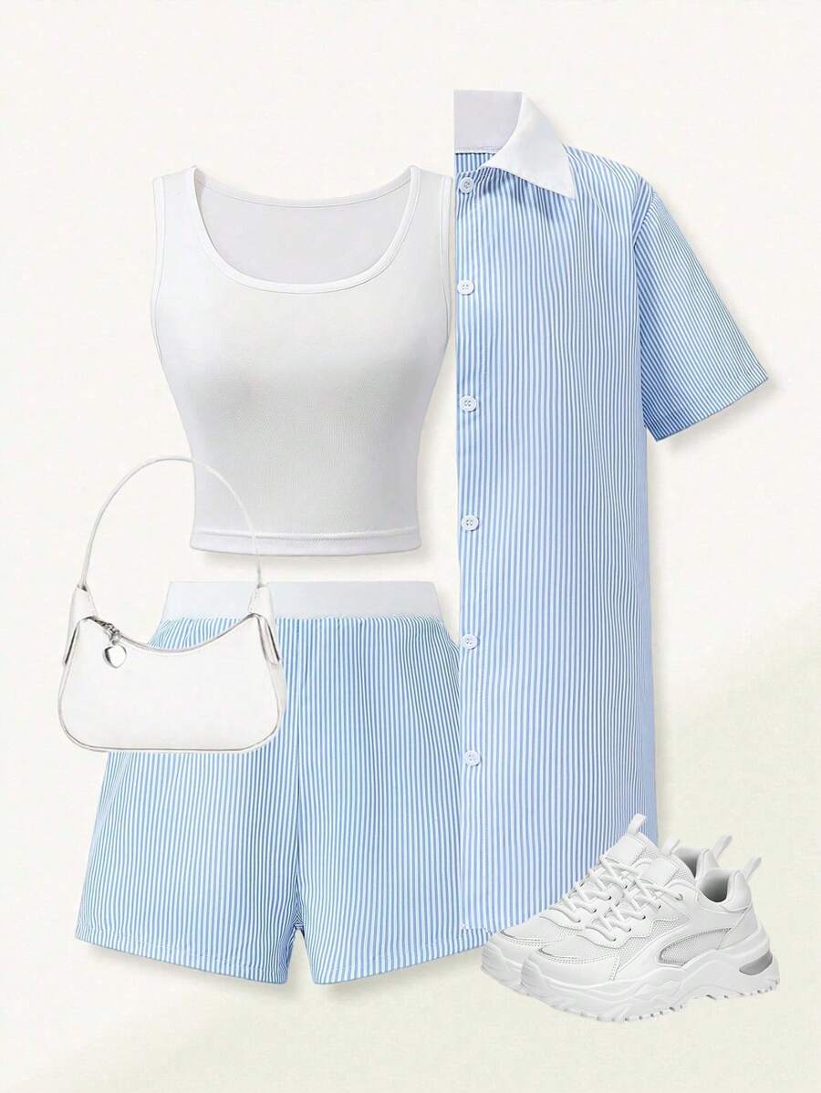 Conjunto de 3 piezas para adolescentes: Camisa a rayas + Chaleco + Pantalones cortos - Azul - Ver 1