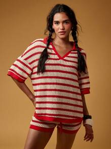 MISSGUIDED 复古风格条纹针织 Polo 短裤家居服休闲海滩夏季度假两件套度假服 - 彩色 - 查看 5