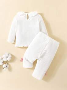 SHEIN 2 件套新生儿纯棉圆领长袖上衣和长裤套装，柔软舒适，设计简约，适合秋冬季 - 白色 - 查看 9