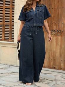 SHEIN Tall CURVE 大码夏季秋季服装秋季服装返校节可爱 2000 年代风格卡哇伊 Y2k 机场女士朴素老钱图卢姆复古机场女士纯色休闲蕾丝蓝色牛仔裤宽松牛仔裤阔腿裤女士阔腿裤妈妈牛仔裤，秋季女士服装 - 藍色 - 查看 4