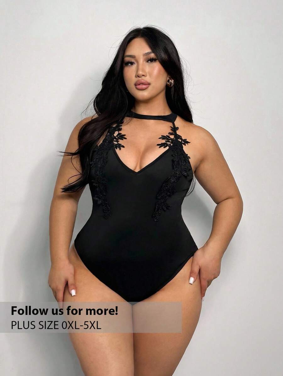 Firerie New Plus Size Women Black Lace Embroidery Splice V-Neck Backless Bodysuit, Sexy Elegant Versatile For Daily Wear, Holiday, Date, Autumn/Winter - Black - View 1