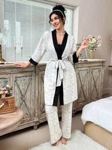 CottageSlumber Black Mixed Floral & Vine Bubble Wrinkle Print Bathrobe Set 3 Pieces PJS Bountiful Floral Splendor, Fall Winter Clothes Cozy And Elegant Details - Multicolor - View 7