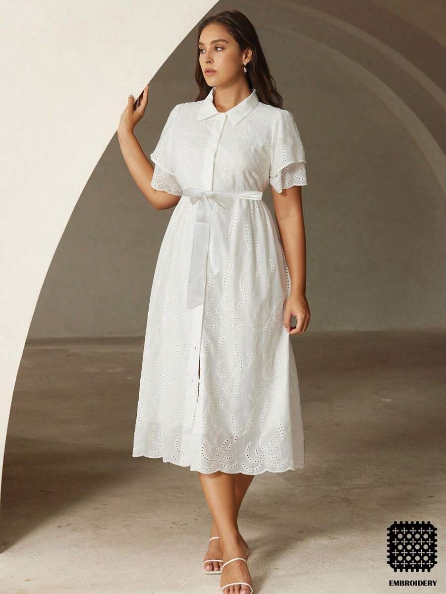 Aveloria Rosie Elegant Flowy Lace Hollow-Out Embroidered Dress With Ruffled Bishop Sleeves, Tie Waist Belt And Relaxed Fit, Plus Size