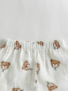 Loomiva 2 Stücke Set für Jungen mit Cartoon-Bären-Print, Rundhalsausschnitt, kurzärmeliges Henley-Top und Shorts mit elastischer Taille. Sommer-2 Stücke Set für Jungen aus Musselin für Babys, Leinen-Set für Kleinkinder, Hemd-Sets für Kleinkinder, Sommer-Gaze-Oberteile