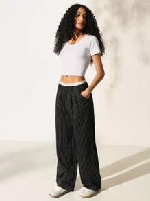 SHEIN EZwear Ladies' Casual Striped Wide-Leg Colorblock High Waist Suit Pants In Fall/Winter - Black and White - View 5