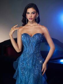 Glamrae 奢华浪漫蓝色串珠网眼装饰甜心领美人鱼风格可调节系带后背礼服，适合各种场合 - 薄荷藍 - 查看 5