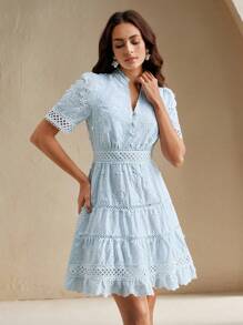 Anewsta V-Neck Fashionable Elegant Embroidery Lace Hollow Splicing Design Waisted Women Short Dress, Vacation Style - Blue - View 5