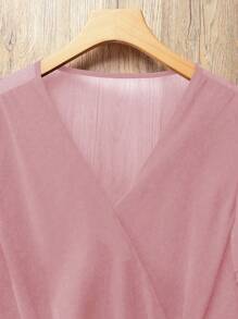 Flirla Plus Size Women Elegant Chiffon V-Neck Ruffle Short Sleeve Fashion Blouse - Pink - View 4