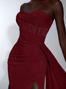 Elitara 优雅露肩褶饰腰部美人鱼下摆透明网眼荷叶边不对称高开衩礼服，适合约会、度假、单身派对、婚礼、毕业典礼、舞会、晚会 - 酒紅色 - 查看 2