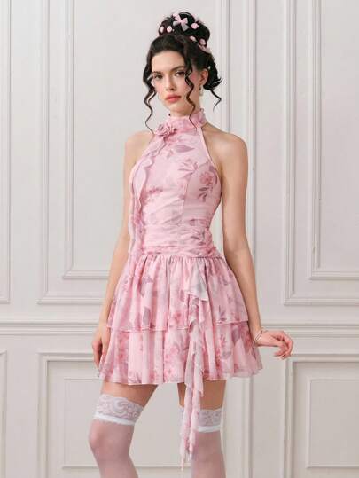 EDITION Women's Floral Print Pleated Elegant Sleeveless Mini Dress