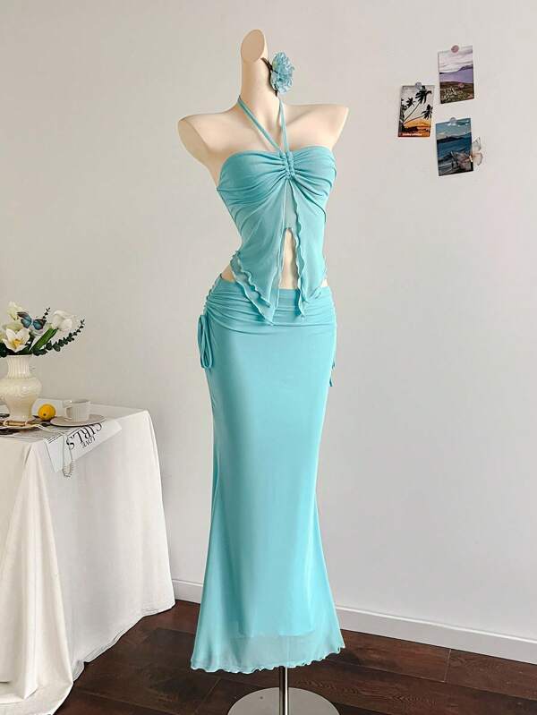Soleia Nuovo set di due pezzi con l'elegante stile bohémien, con balli, balze, lauree, festa di San Seco, vacanze di primavera, Pasqua, festival musicali, senza spalline, in rete blu e senza volant