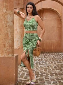 The White Lotus SHEIN VCAY Plus Size Women Summer Vacation Allover Print Fitted Cropped Camisole Top And Drawstring Ruched High Slit Skirt 2 Pieces Set Green Two Pieces Set Summer 2 Pieces Sets Woman Vacation Two Pieces Set Women Two Pieces Skirt Set Bamboo Print Two Pieces Set Vacation Two Pieces Set Vacation Outfits Woman Back To School Teacher Outfits For Women School Clothes Back To School Clothes Fall Women Clothes Grunge Old Money Kawaii Travel Outfit Airport Casual Autumn Clothes