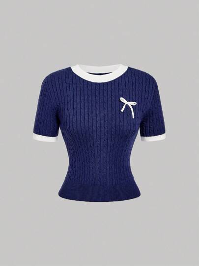 SHEIN MOD كنزة محبوكة باللون الأزرق الكحلي ذات ياقة باللون المتباين ، بأسلوب الجامعة