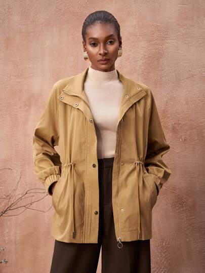 Zivah Mujer 2025 Otoño Invierno Nueva Moda, Festival de Música, Temporada de Graduación, Estilo Universitario, Ropa de Estudiante, Casual Diario, Vacaciones, Playa, Tomar el Sol, Ropa de Calle, Elegancia para Ir y Venir, Chaqueta con Cuello Alto, Manga Larga, Cintura Ceñida con Bolsillos, Cortavientos Corto