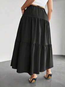 Firerie Plus Size Women's Romantic Multi-Layers Long A-Line Skirt, Black Umbrella Hem Layered Skirt, Summer Outfit For Travel, Holiday, Date