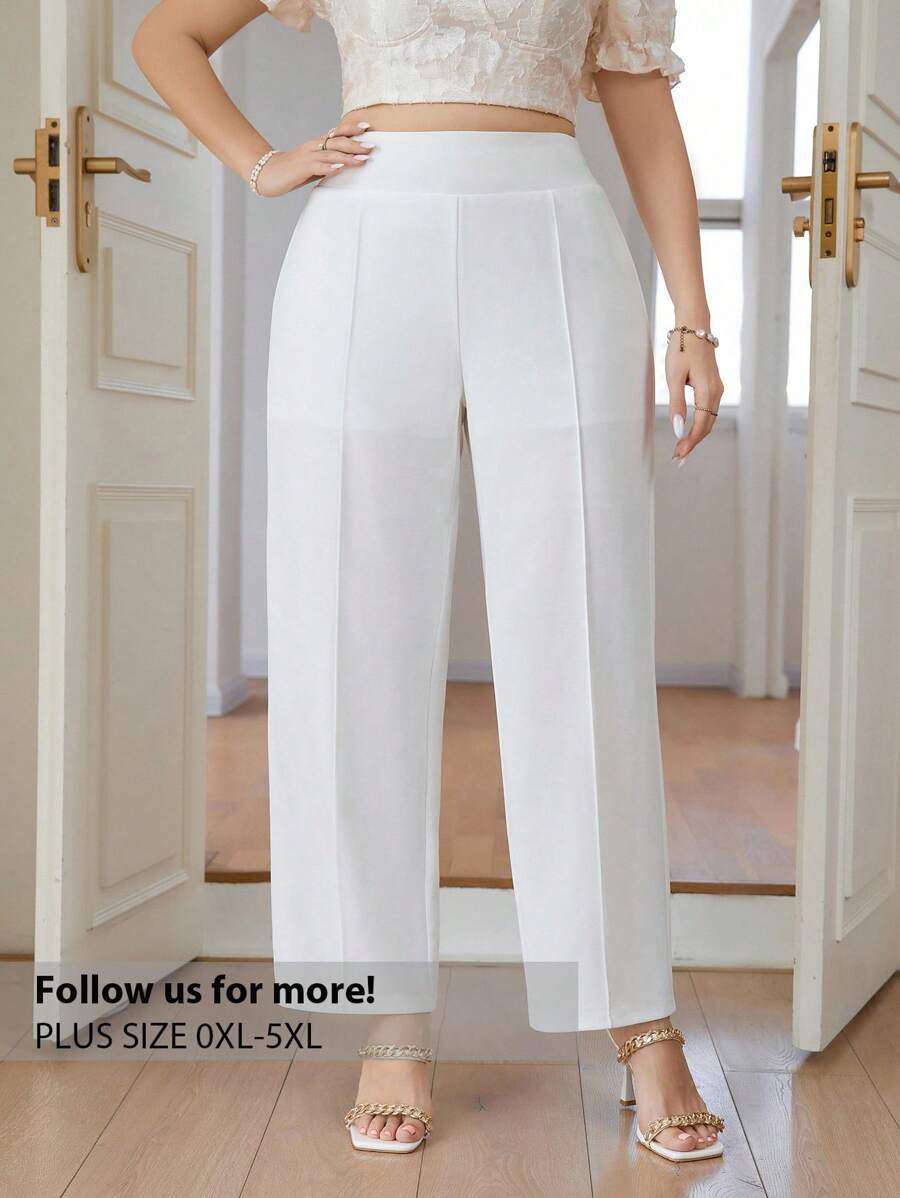 Firerie Plus Size Elegant & Minimalist White Straight Pants For Work - White - View 1
