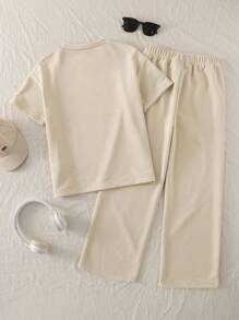 SHEIN Explorewe Casual Loose Fit Short Sleeve T-Shirt And Plain Straight Leg Pants Set For Tween Boys Summer 2025 Back To School Season Kids College Style And Campus Athleisure Boys 2 Piece Set Boys Summer Set Toddler Boy Summer Outfit Set - Apricot - View 2