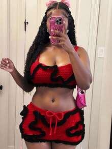 Slaydiva 2025 Summer New Music Festival Birthday Party Graduation Casual Daily Wear All-Match Versatile Leisure Cruise Travel Beach Sunbathing Strap Fitted Contrast Binding Knit Sweater Skirt 2pcs Women Sweater Set Y2k