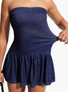 Flexra 女式荷叶边下摆牛仔吊带连衣裙 - 中等水洗藍 - 查看 7