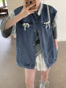 DAZY 水洗蓝色撞色蕾丝袖口荷叶边下摆蝴蝶结饰边无袖牛仔上衣 - 中等水洗藍 - 查看 5