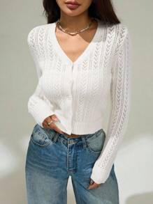 SHEIN PETITE Áo len cardigan dài tay đơn giản màu trơn cho nữ, Áo len dễ thương, Áo len cắt ngắn, Áo len đan, Quần áo thu đông, Váy vàng cho nữ, Áo dài tay - trắng - Xem 3