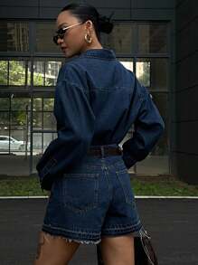 DAZY 2 件套休闲牛仔衬衫和短裤套装，秋季女装 - 深色水洗藍 - 查看 2